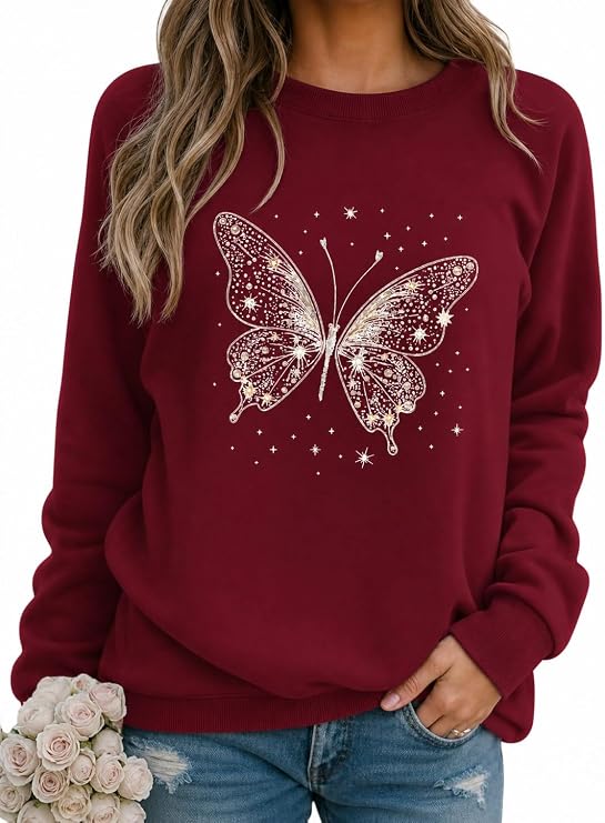 Women's Butterfly Graphic Crewneck Sweatshirt, Long Sleeve Casual Pullover Top