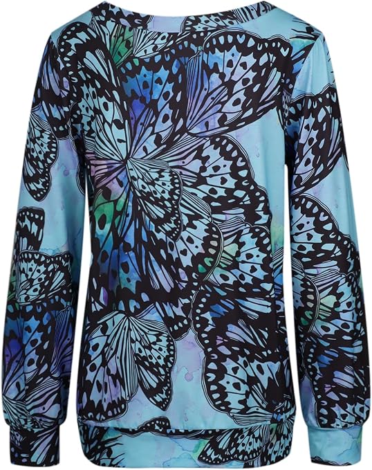 Women Crew Neck Butterfly Print Sweatshirt Long Sleeve Loose Casual Pullover Spring Summer Daily Top