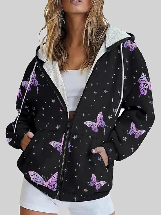 Women Color Block Print Zip Up Hoodie Drawstring Pocket Loose Long Sleeve Casual Jacket