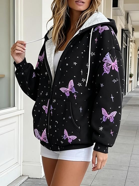 Women Color Block Print Zip Up Hoodie Drawstring Pocket Loose Long Sleeve Casual Jacket