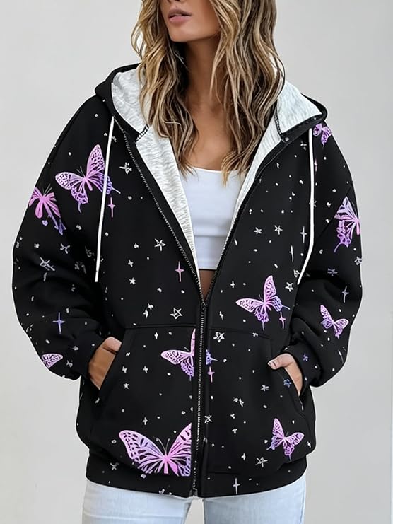 Women Color Block Print Zip Up Hoodie Drawstring Pocket Loose Long Sleeve Casual Jacket
