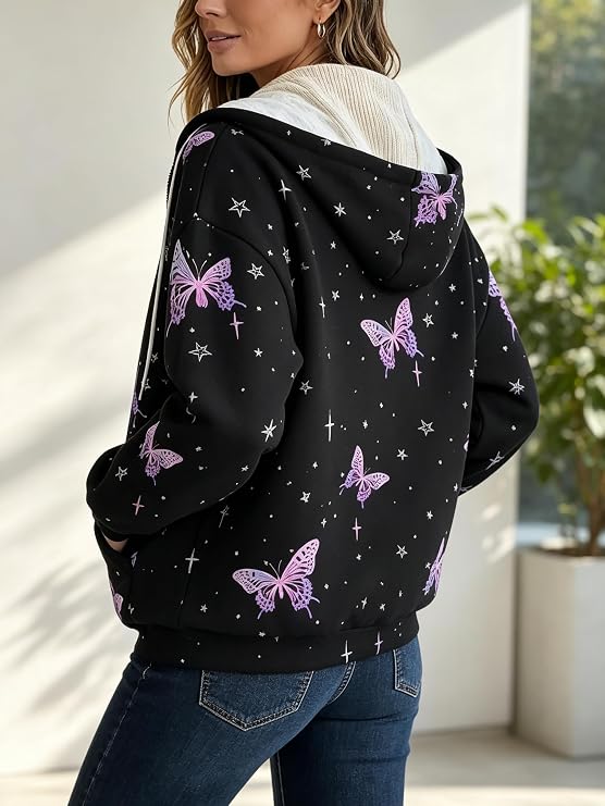 Women Color Block Print Zip Up Hoodie Drawstring Pocket Loose Long Sleeve Casual Jacket