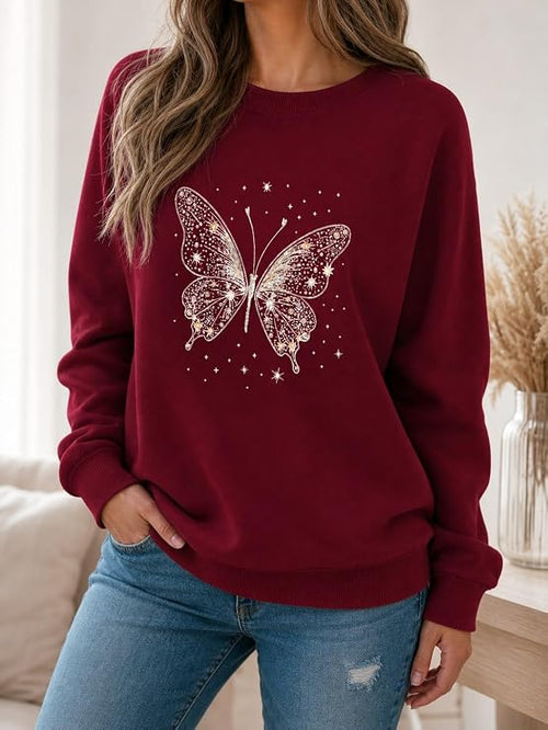 Women's Butterfly Graphic Crewneck Sweatshirt, Long Sleeve Casual Pullover Top