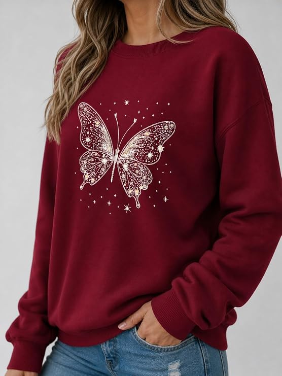 Women's Butterfly Graphic Crewneck Sweatshirt, Long Sleeve Casual Pullover Top