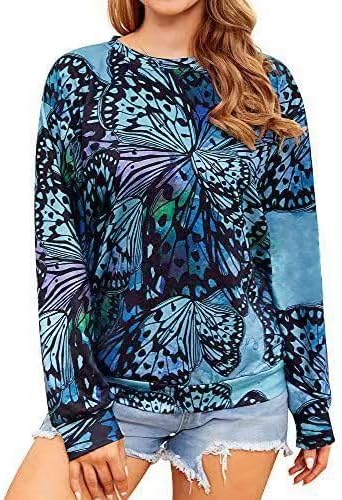 Women Crew Neck Butterfly Print Sweatshirt Long Sleeve Loose Casual Pullover Spring Summer Daily Top