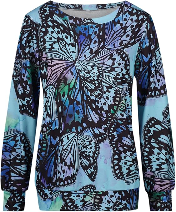 Women Crew Neck Butterfly Print Sweatshirt Long Sleeve Loose Casual Pullover Spring Summer Daily Top